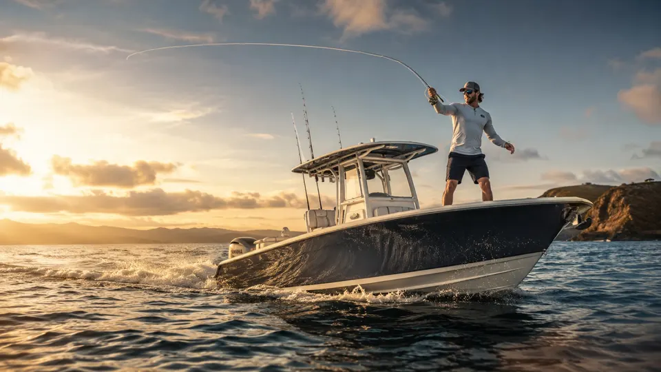 Golden-hour water and center-console boat wake