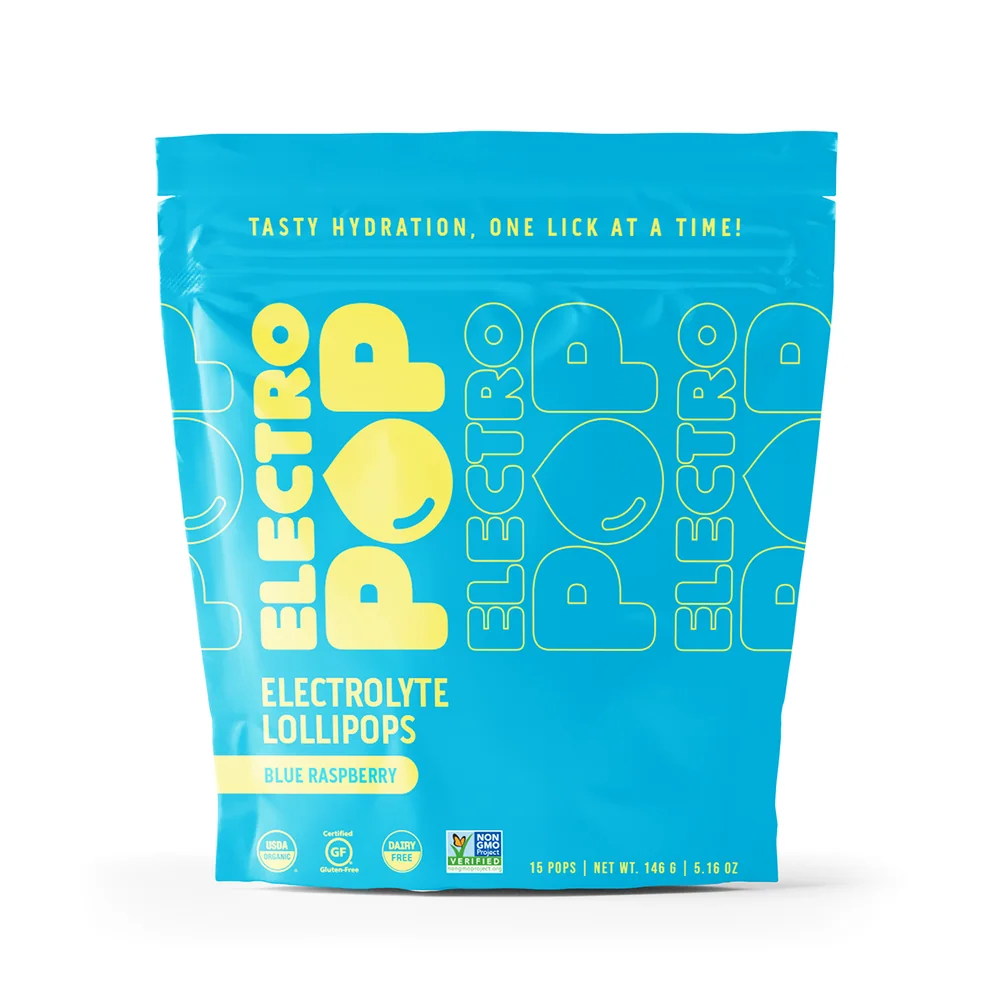 Blue Raspberry ElectroPop electrolyte lollipop pouch with blue packaging
