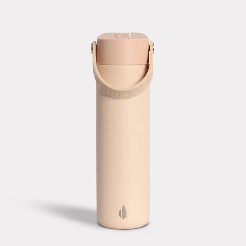 Beige Elemental Core 24-ounce insulated bottle with matching screw lid and carry strap