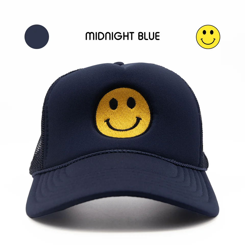 Midnight Blue Happi Hats trucker cap with a raised smile patch and mesh back