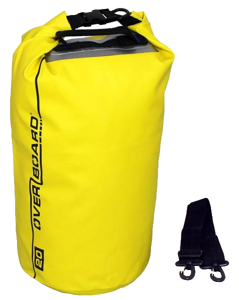 Yellow OverBoard 20-liter dry tube with its detachable black shoulder strap, shown as a transparent-background product cutout
