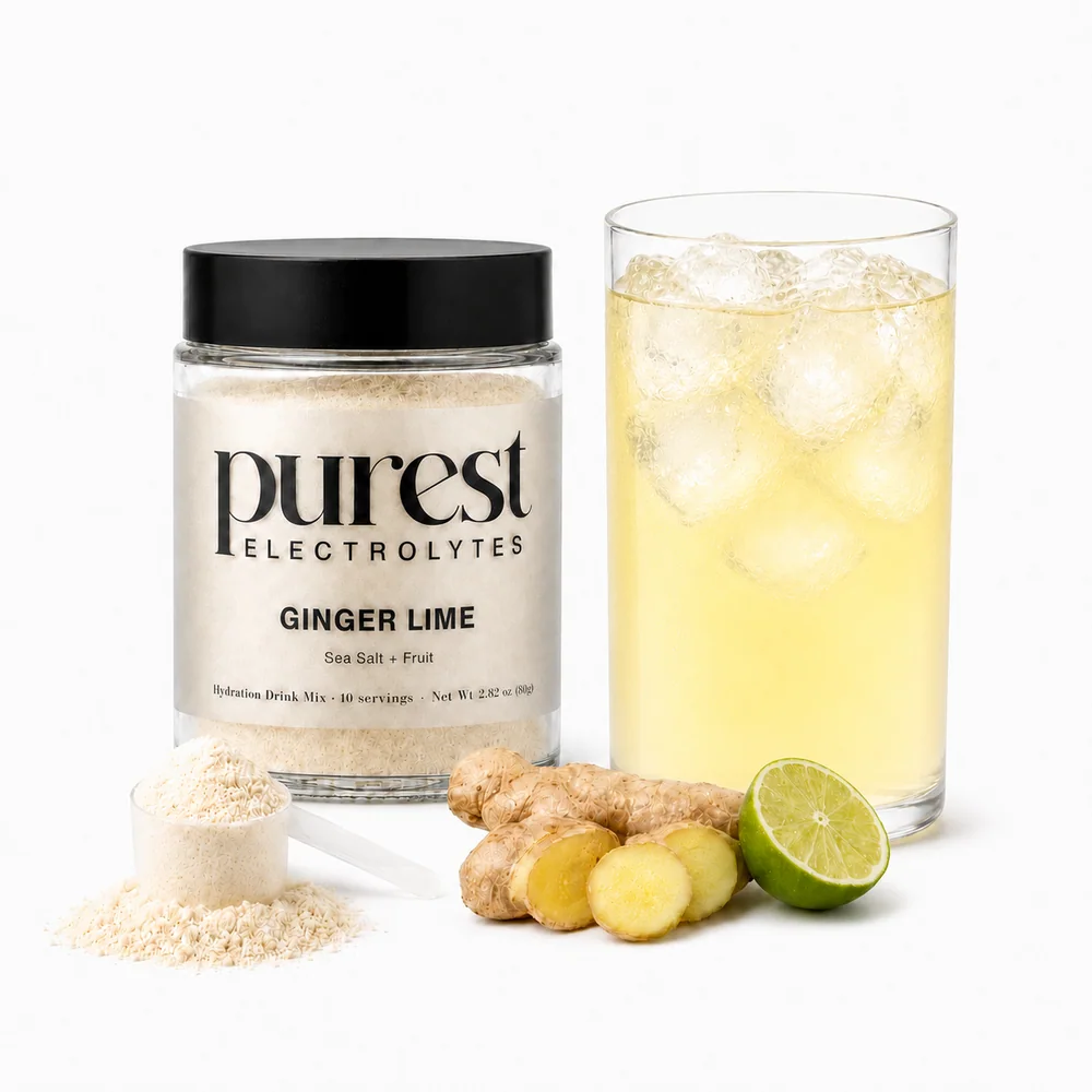 Purest Electrolyte Ginger Lime jar and prepared drink shown on the merchant product page