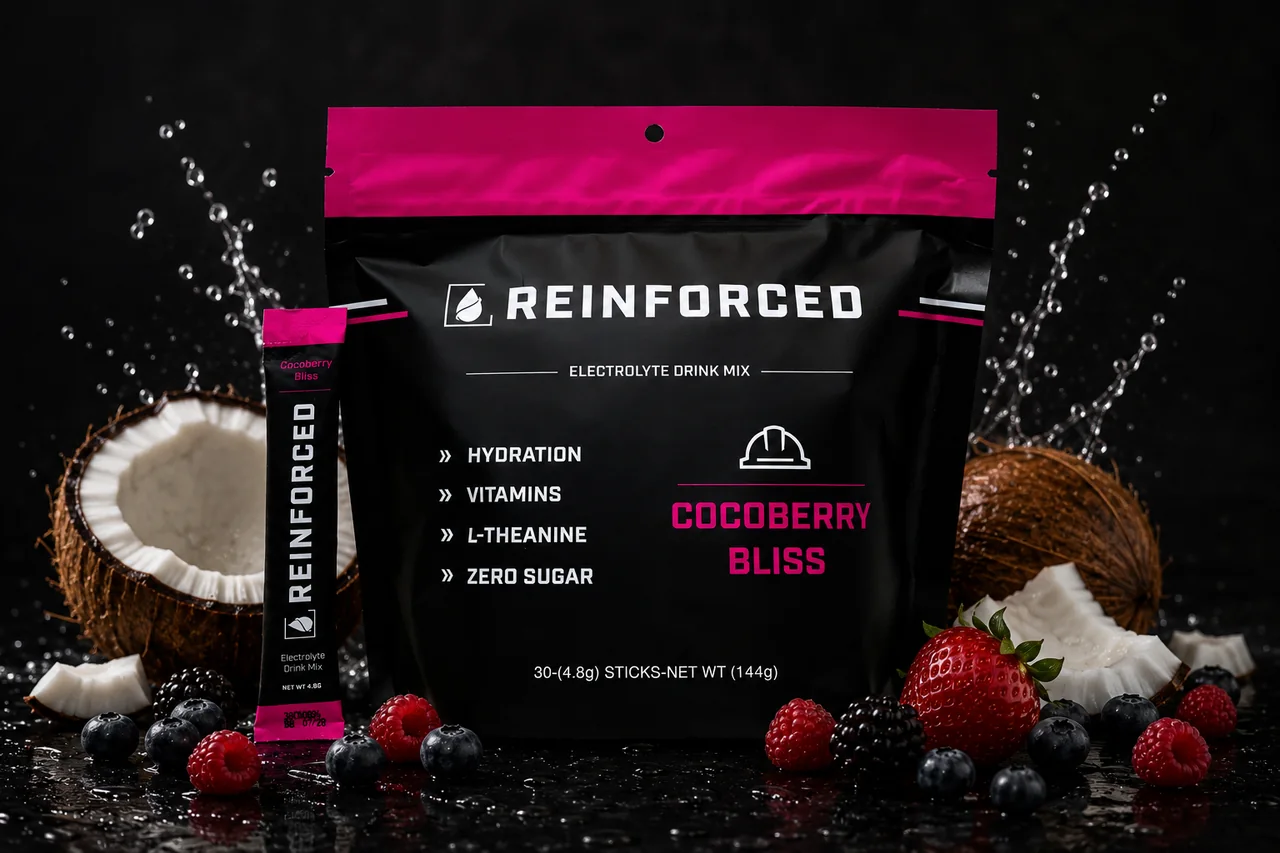 Reinforced Cocoberry Bliss electrolyte powder pouch with coconut and berry artwork