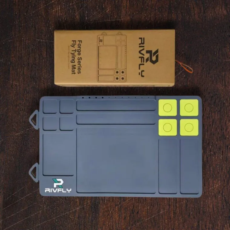 Rivfly Forge fly-tying mat with four magnetic work areas, molded compartments and a ruler